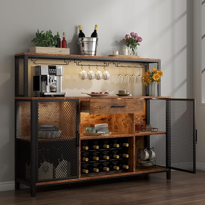 Wine Bar Cabinet with Drawer and LED Lights, 55 Inches Industry Coffee Bar Cabinet with Wine Rack and Glass Goblet Holder, Kitchen Sideboard Buffet Cabinet for Liquor and Goblet