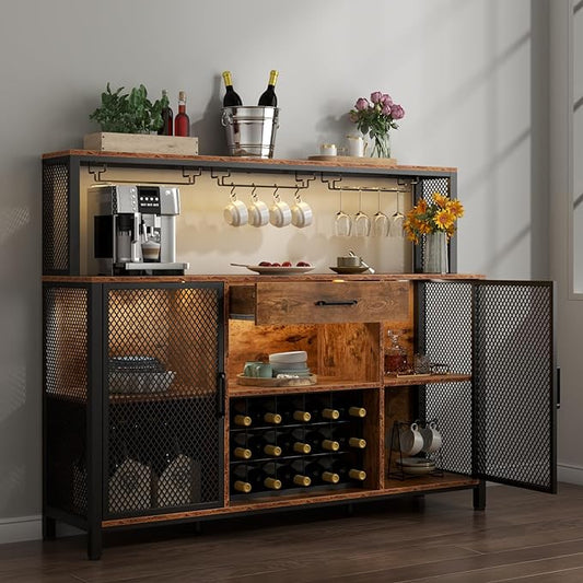 Wine Bar Cabinet with Drawer and LED Lights, 55 Inches Industry Coffee Bar Cabinet with Wine Rack and Glass Goblet Holder, Kitchen Sideboard Buffet Cabinet for Liquor and Goblet