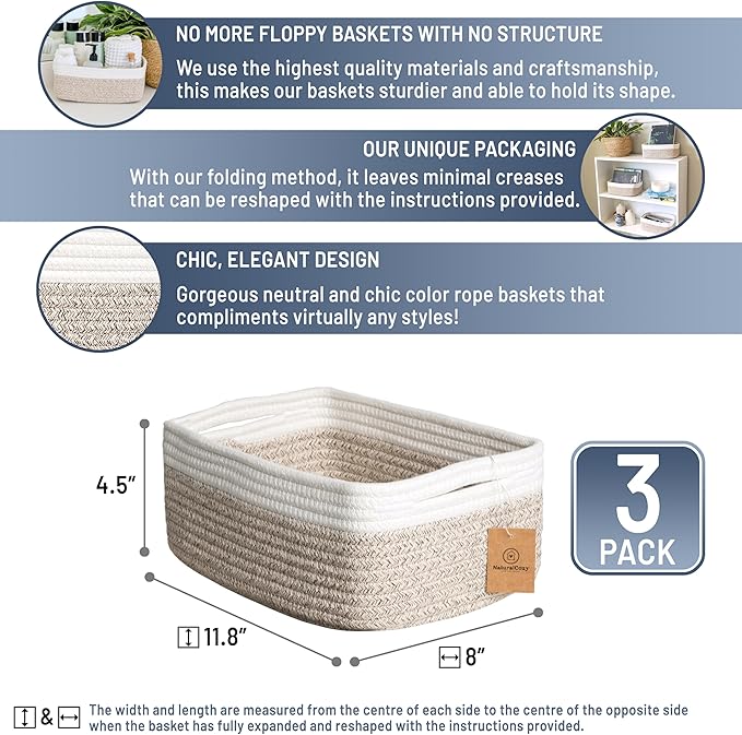 NaturalCozy 11.8"x8"x4.5” Storage Baskets for Shelves 3 Pack | Cotton Rope Woven Small Baskets for Organizing | Small Storage Bins for Nursery, Bathroom, Closet, Cube Shelf, Decorative, Gift Basket