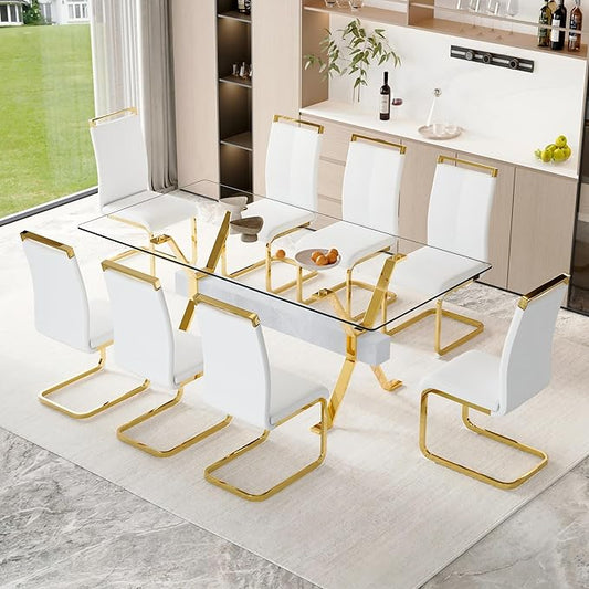 9 Piece Glass Dining Table Set, 79" Modern Dining Table Set for 8, 0.5" Thick Tempered Glass Tabletop with Silver Chrome Metal Legs and Grey Crossbar, 8 PU Chairs for Dining Room, Kitchen