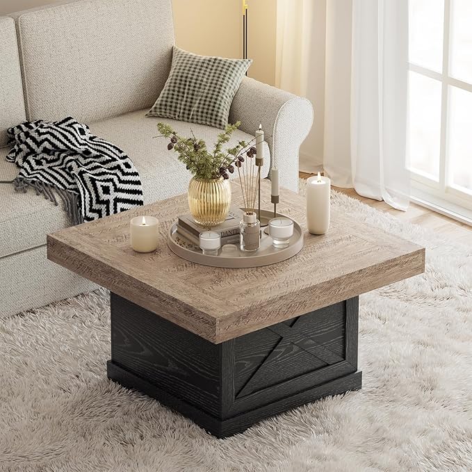 Coffee Table 31.5 in Rustic Center Table with X Design Wooden Pedestal for Living Room, Dark Oak Square Home Office Sofa Side Table for Small Space, Easy Assembly, Space-Saving