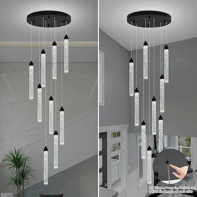 9-Lights High Ceiling Crystal Staircase Chandelier Black Pendant Lights Modern Spiral Raindrop Dimmable LED Bubble Cluster Ceiling Hanging Lighting Fixture for Foyer Living Room Remote Control