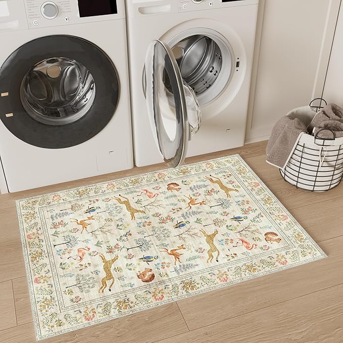 DUKINO 2x3 Rug, Washable Animal Rugs for Entryway, Non Slip Indoor Door Mat, Soft Low Pile Small Area Carpet for Entrance, Bedroom, Kitchen, Laundry, Bathroom, Beige