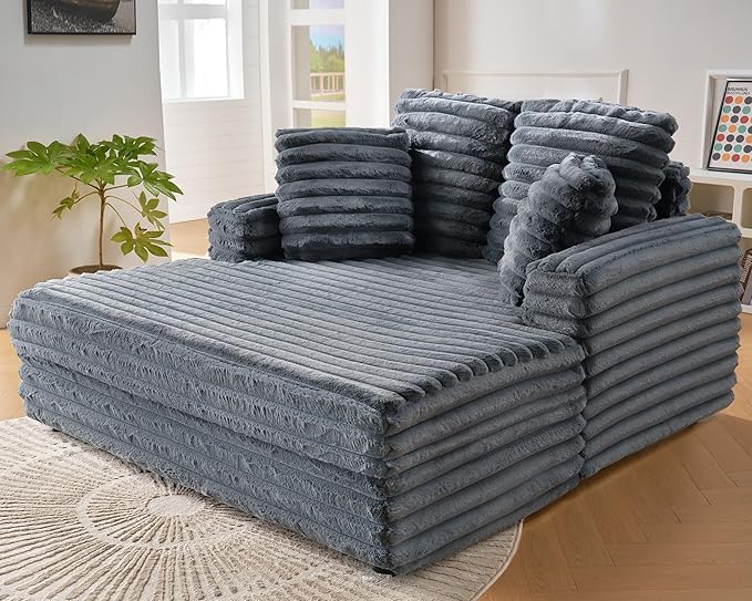 VanAcc 53 Inch Chaise Lounge Indoor, Plush Sleeper Chair with Throw Pillows, Upholstered Sofa Bed with Armrests, Plush Chair Bed for Living Room(Grey)