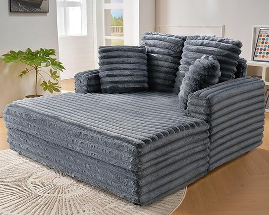 VanAcc 53 Inch Chaise Lounge Indoor, Plush Sleeper Chair with Throw Pillows, Upholstered Sofa Bed with Armrests, Plush Chair Bed for Living Room(Grey)