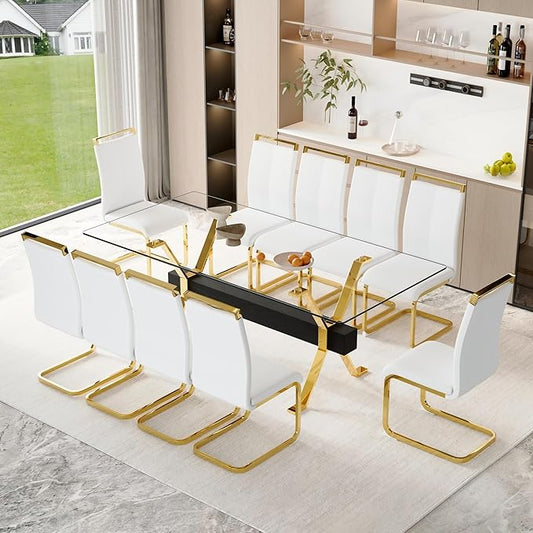 11 Piece Glass Dining Table Set, 79" Modern Dining Table Set for 10, 0.5" Thick Tempered Glass Tabletop with Gold Chrome Metal Legs and Black Crossbar, 10 PU Chairs for Dining Room, Kitchen