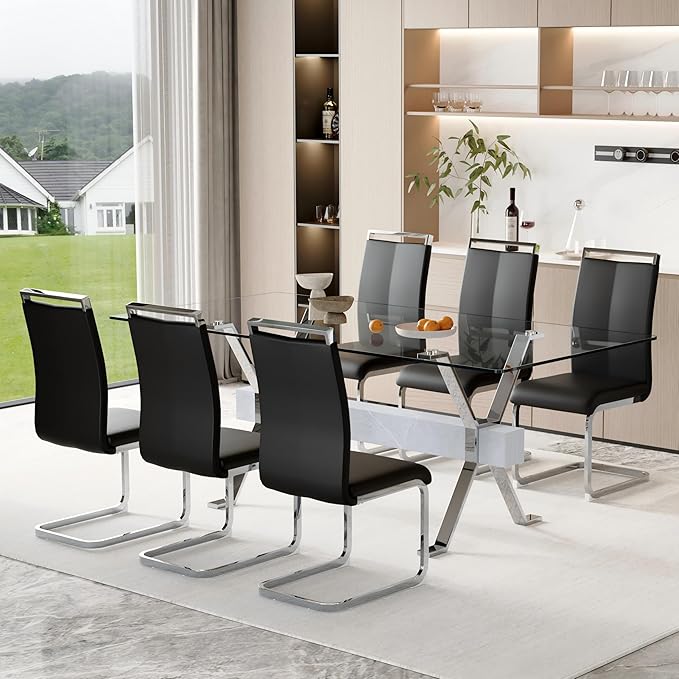 7 Piece Glass Dining Table Set, 79" Modern Dining Table Set for 6, 0.5" Thick Tempered Glass Tabletop with Silver Chrome Metal Legs and Grey Crossbar, 6 PU Chairs for Dining Room, Kitchen