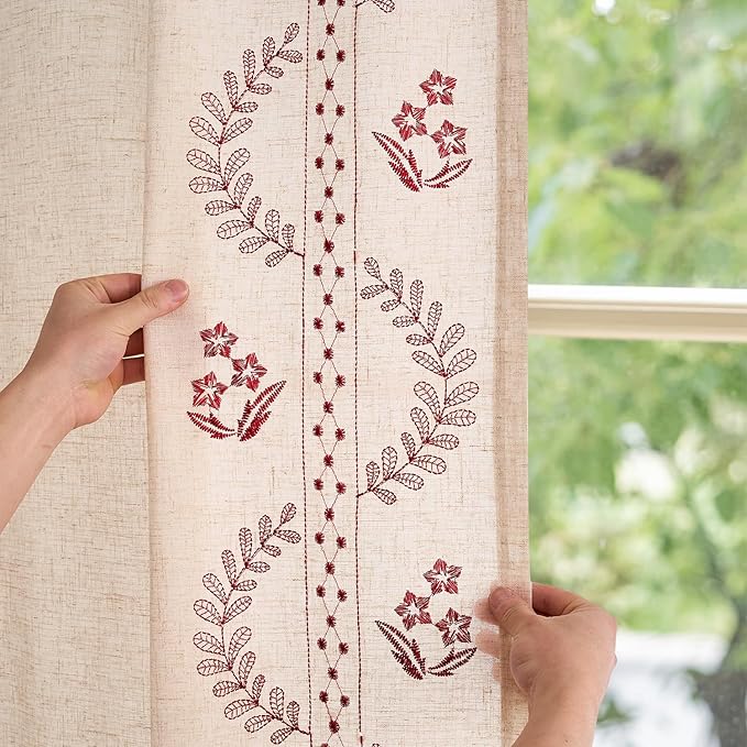 jinchan Belrose Linen Curtains for Bedroom Floral Curtains 84 Inch Length Linen Blend Burgundy Red Embroidered Drapes Farmhouse Flower Patterned Drapes for Living Room Window Treatments Set 2 Panels