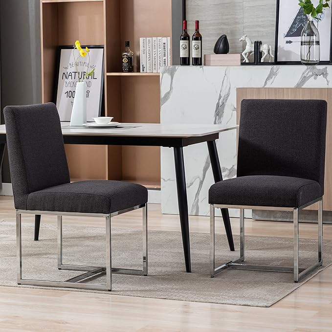 VESCASA Linen Upholstered Dining Chairs Set of 6, Mid Century Modern Padded Chair with Chrome Metal Frame for Restaurant, Dining Room, Kitchen, Charcoal