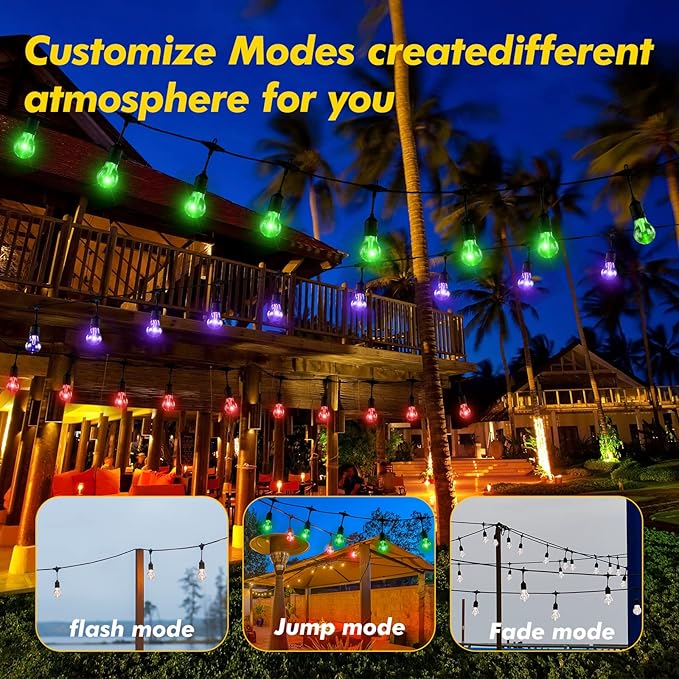 Solar Outdoor RGB String Lights, 48FT Dimmable Patio Lights with 15 Shatterproof Edison Bulbs, Commercial Grade Waterproof LED String Lighting with Remote for Party, Garden, Yard