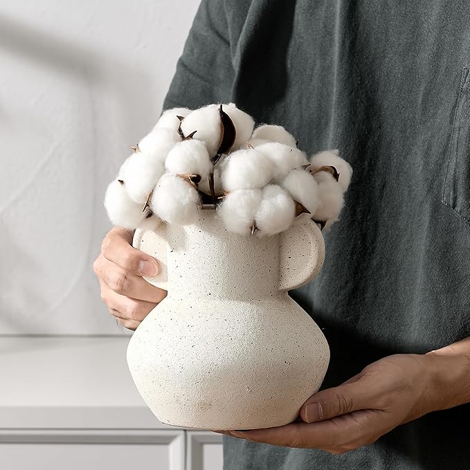 Antique Ceramic Vase with 2 Handles, 6.1 Inch Farmhouse Rustic Vase, Small Decorative Pottery Flower Vases for Home Decor, Wedding, Living Room, Table, Shelf Decor, Speckled White