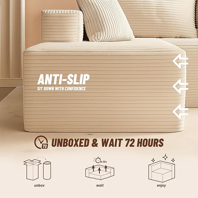 138" Boneless Couch with Deep Seat, Modular Sectional Sofa, Cloud Sectional Couch for Living Room, No Assembly Required, Corduroy, 4 Seater L-Shape Right, Camel