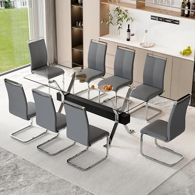 9 Piece Glass Dining Table Set, 79" Modern Dining Table Set for 8, 0.5" Thick Tempered Glass Tabletop with Silver Chrome Metal Legs and Black Crossbar, 8 PU Chairs for Dining Room, Kitchen