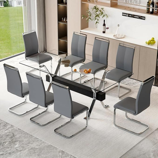 9 Piece Glass Dining Table Set, 79" Modern Dining Table Set for 8, 0.5" Thick Tempered Glass Tabletop with Silver Chrome Metal Legs and Black Crossbar, 8 PU Chairs for Dining Room, Kitchen