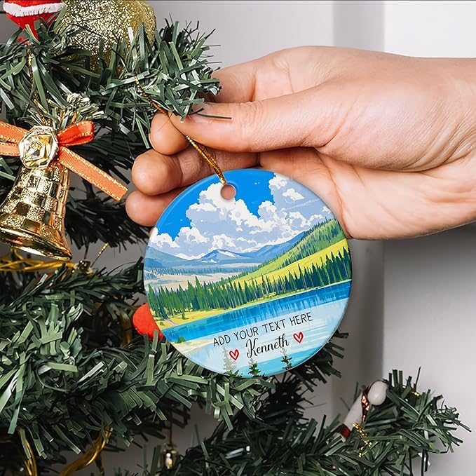 Yellowstone National Park Ornament Christmas 2025, Personalized Text/Name Yellowstone Landscape Ceramic Keepsake Ornament Gift for Outdoor Adventure Lovers, Custom USA Landscape Xmas Tree Decorations