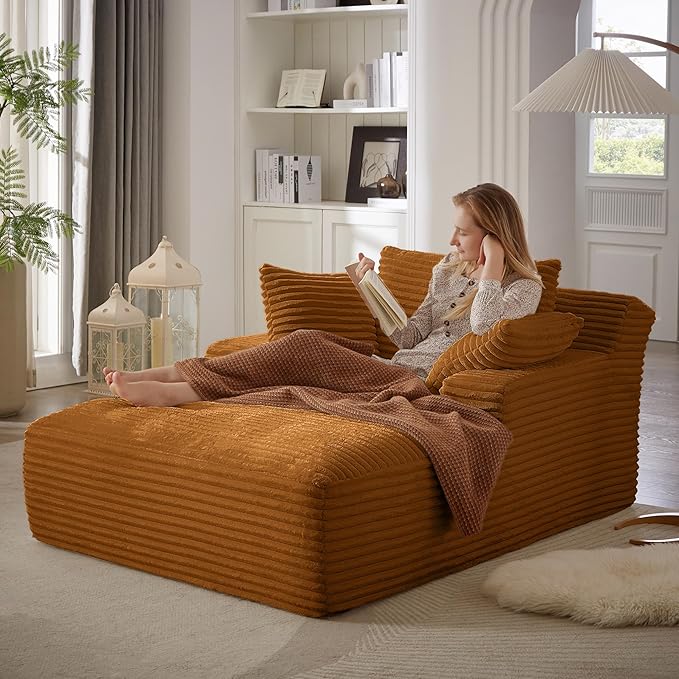 Boneless Couch Sofa Chiar Chaise Lounge Chair Indoor Upholstered Corduroy Couch Cloud Sleeper Sofa Oversized Reading Chair for Living Room No Assembly Required (Orange, 50" W x 67" D)