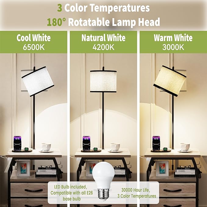 Floor Lamp with Table Set of 2, End Tables with Lamps Attached 3-Color Temperature Bulb, Side Table with Lamp with 3 Drawers & Charging, Lamps Tables Combo for Bedroom, Dorm Apartment - Greige