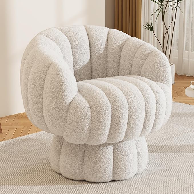 Mid Century Modern 360 Degree Barrel Swivel Accent Sofa Chair,Fluffy Sherpa Fabric Lounge Wide Upholstered Pumpkin Reading Chair, Round Cloud Armchair for Living Room,Bedroom,Vanity(Beige)