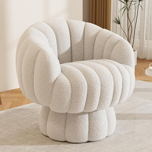 Mid Century Modern 360 Degree Barrel Swivel Accent Sofa Chair,Fluffy Sherpa Fabric Lounge Wide Upholstered Pumpkin Reading Chair, Round Cloud Armchair for Living Room,Bedroom,Vanity(Beige)