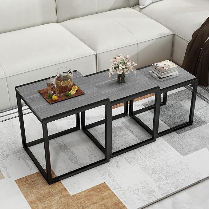 Nesting Table Set of 3 Side Tables, Modern Coffee Table Stacking End Table with Metal Frame (A-Square, Grey)