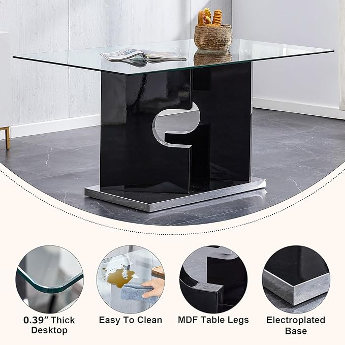 Glass Dining Table Set of 6, 63" Dinner Room Glass Table Set for 6, Modern Kitchen Dinner Table Set with 6 Upholstered Faux Leather Dining Chairs for Living Dining Office Room