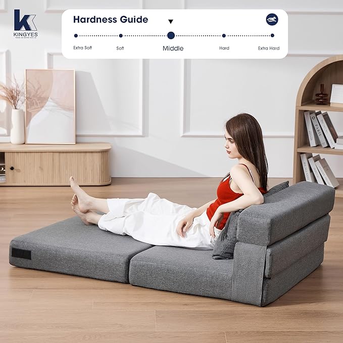 KINGYES 4 in 1 Foldable Sofa Bed, Modern Folding Sleep Chair with Back Cushion, Convertible Chair Sleeper, Grey