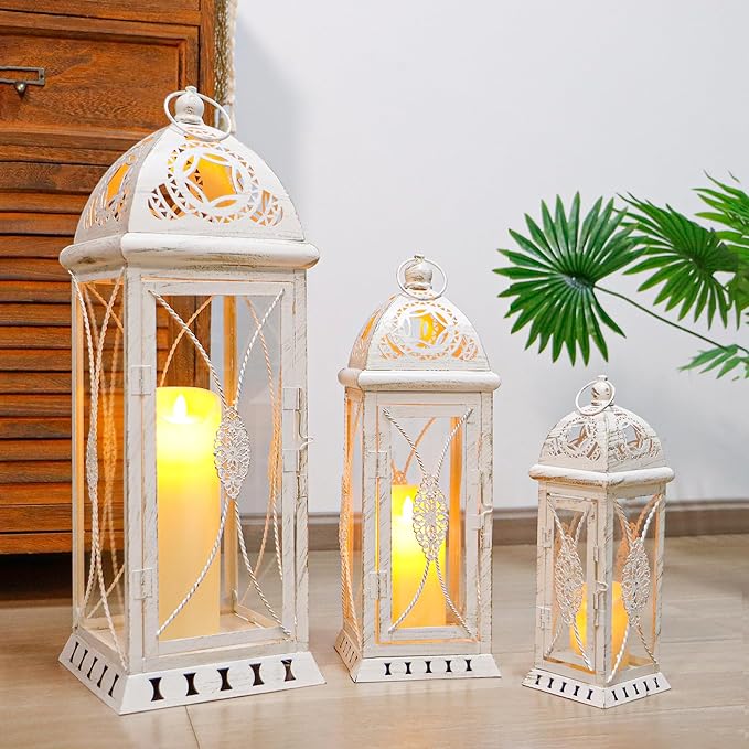TRIROCKS Set of 3 Decorative Candle Lanterns 22''&16"&11" H Vintage Metal Candle Holders for Garden Yard Patio Wedding Parties Events Indoors Outdoors(Beige with Gold Brush)