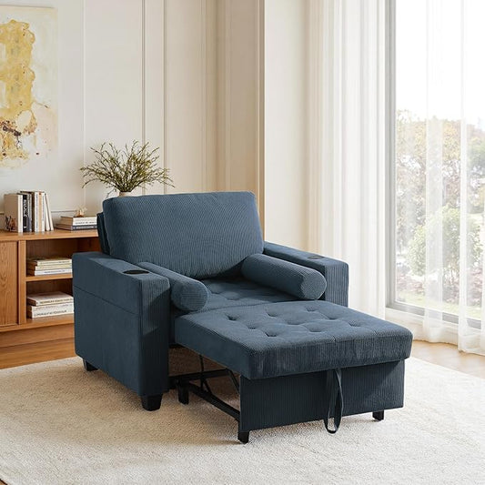UIXE 3-in-1 Sleeper Chair Pull Out Sofa Bed, Convertible Reclining Seat Upholstered Armchair, Adjustable Backrest Recliner Chair with Side Pockets, Cup Holder & USB Ports - Navy Blue