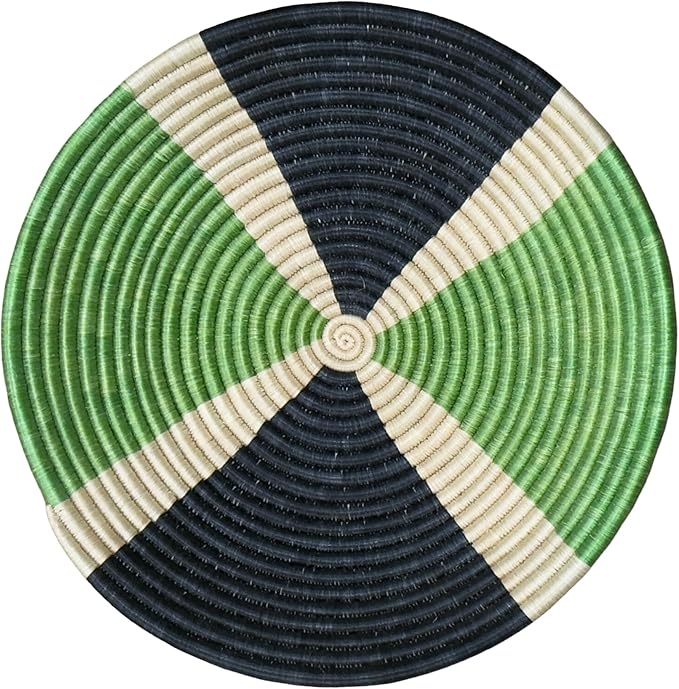 Handwoven African Basket Handmade sisal Fruit Bowl Wall Hanging decorative Baskets for Home Living Room Kitchen Centerpiece Zen Designs Arts and Crafts (Light Green Black Cream, 12in diameter)