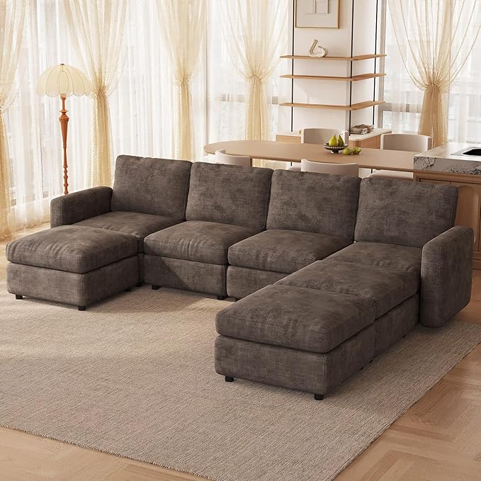 Modular Sectional Sofa Couch with Ottoman Storage, 7-Seater Convertible Sleeper Sofas for Living Room Bedroom Apartment, Comfy Brown Cloud Couches Furniture Set
