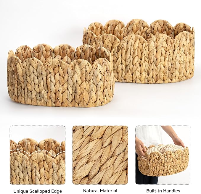 StorageWorks Scalloped Wicker Basket, Hand-woven Rattan Baskets with Built-in Handles, Water Hyacinth Basket for Organizing and Decor, 2 Pack