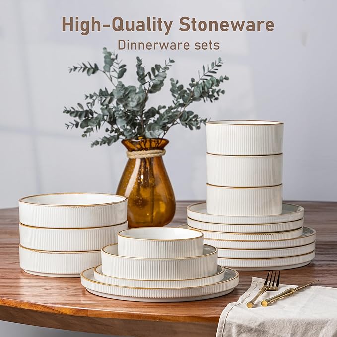 GBHOME Stoneware Dinnerware Sets for 8, Round Reactive Glaze Ceramic Plates and Bowls Set, Highly Scratch Resistant | Dishwasher & Microwave Safe Set，Service for 8（24pcs)