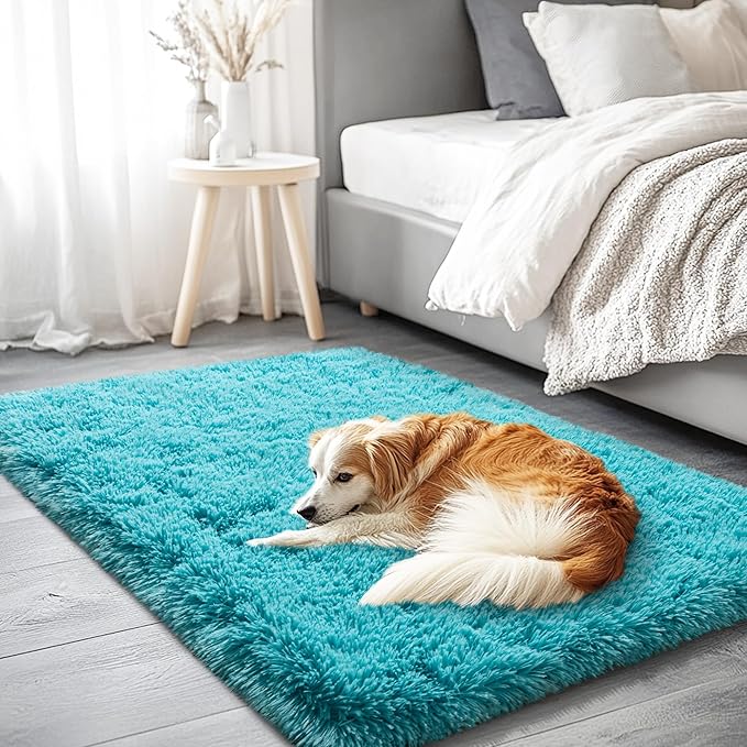 2x3 Area Rug for Bedroom, Small Rugs for Living Room Nursery Kids Room Dorm Home Decor Aesthetic, Fluffy Shaggy Rug with 4 Anti-Slip Carpet Tapes, Teal Blue