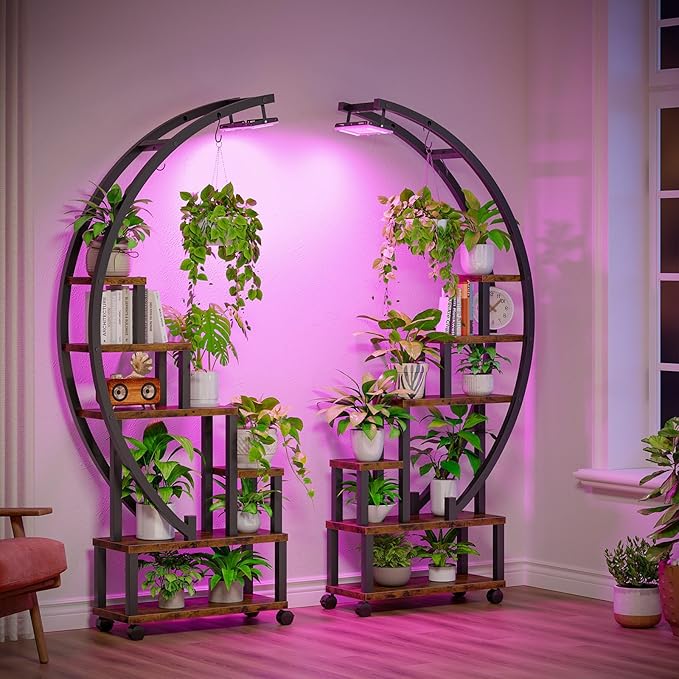 Bestier Plant Stand Indoor with Grow Lights, 6 Tiered Metal Plant Stand with Wheels for Plants Multiple, Half-Moon Shape Plant Rack Display Shelf, Large Plant Holder or Home, Patio, Balcony (2 Pcs, Brown)