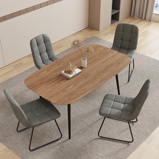 55.1'' Dining Table Set for 4,Modern Wood Dining Table,Leather Dining Chairs 4,Table and Chairs Set of 4,Ideal for Kitchen Dining Room (Walnut Color Table + 4 U-Shaped Gray Chairs, 55.1")