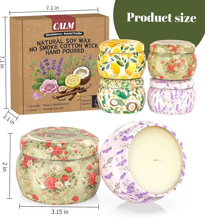WarmEmbrace Scented Candles for Women, 4 Pack Soy Candle Set, 4.4OZ Candles for Home Scented, Candle Gift Set for Women, Lavender/Coconut and Christmas Holiday Candles, Total 120H Burning Time