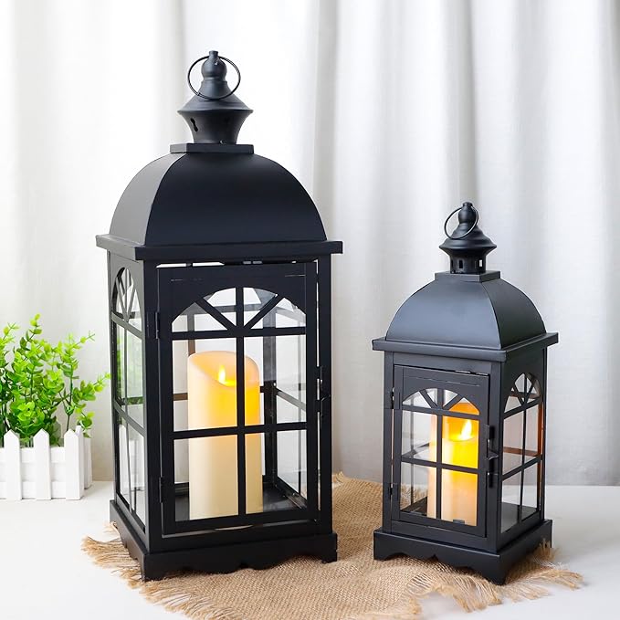 TRIROCKS Set of 2 Decorative Vintage Candle Lanterns 14.5"&20" H Farmhouse Outdoor Hanging Lanterns with Tempered Glass for Porch, Balcony, Patio, Home, Centerpieces, Indoor, Outdoor(Black)