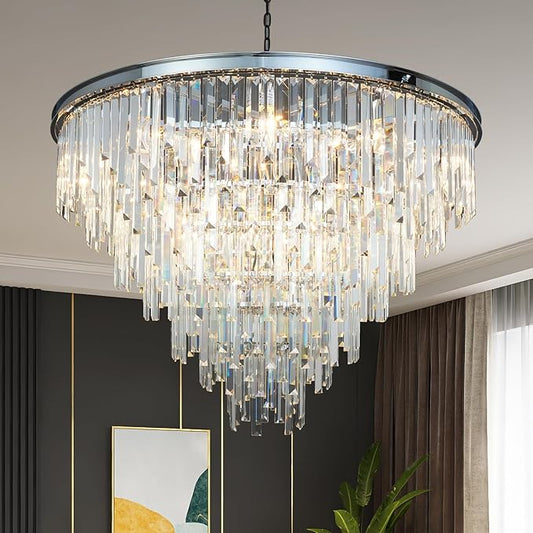 39'' Modern Crystal Chandelier, Chrome Round Ceiling Light with Clear Prisms, Luxury Flush Mount Lighting Fixture for Dining Room Bedroom Foyer