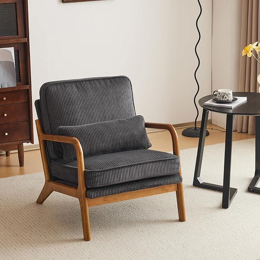 Karl home Mid-Century Modern Accent Chair, Living Room Chairs with Pillow Corduroy Upholstered Lounge Armchair with Solid Wood Frame & Soft Cushion for Bedroom, Reading Room, Dark Gray