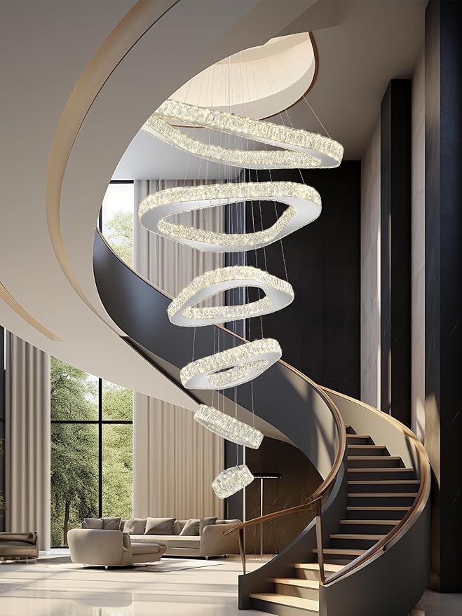 Modern Crystal Chandeliers for High Ceiling 6 Ring Chandelier LED Silver Ceiling Lights Fixtures High Ceiling Chandelier for Foyer Staircase Living Room Dining Room 2700K-6000K