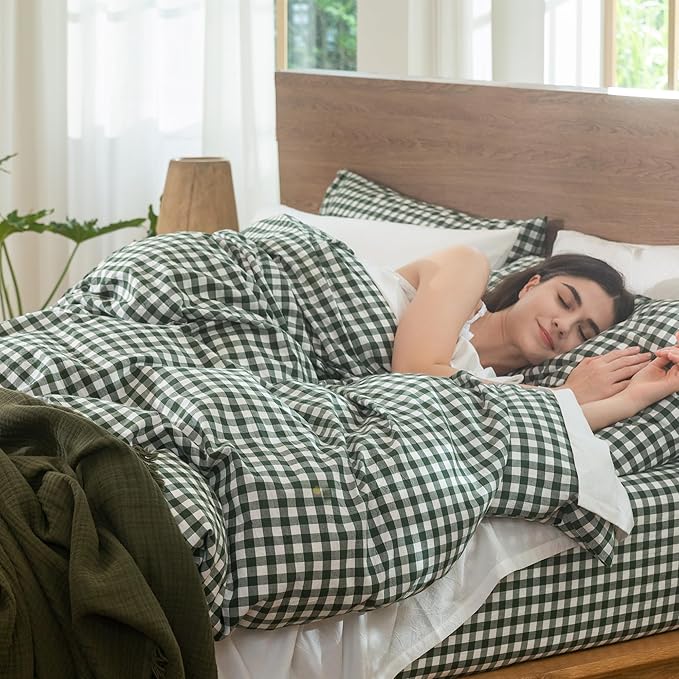 MooMee Gingham Duvet Cover Set 100% Washed Cotton Linen Like Textured Breathable Durable Soft Comfy Modern Checkered Design (Forest Green Gingham, Twin 68"x90")
