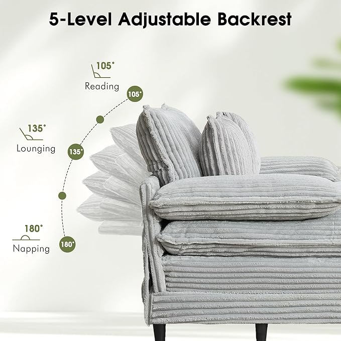 55" W Oversized Chaise Lounge Sofa Couch with 5-Position Adjustable Backrest, Corduroy Sleeper Chair Sofa Bed, Reading Chair ‌with Deep Seat, Cloud Couches for Living Room, Bedroom, Grey