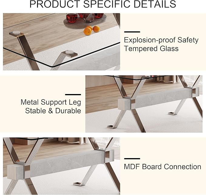 9 Piece Glass Dining Table Set, Kitchen Table Chairs Set for 8, 71'' Dining Table with 0.4" Tempered Glass Tabletop with Plated Metal Legs and MDF Crossbar, 8 PU Chairs for Dining Room, Kitchen.