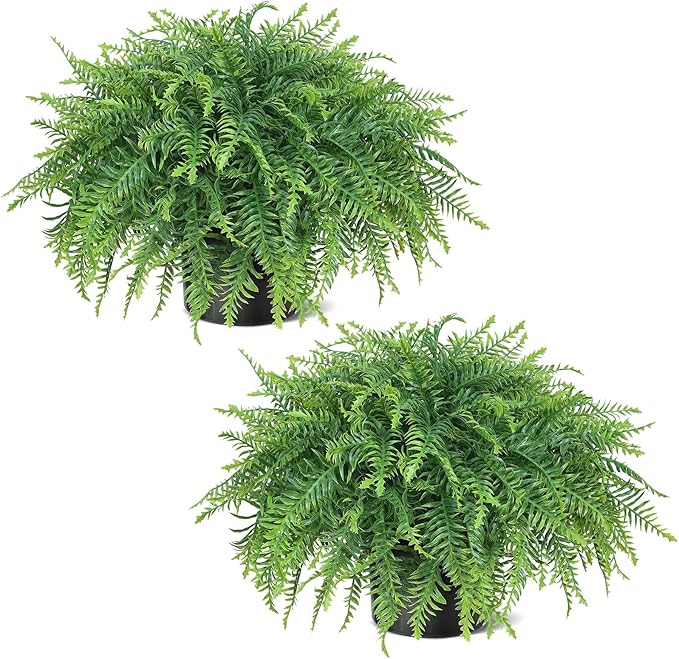 21" Artificial Ferns Plants Topiary - 2 Set for Front Porch Decoration,Fake Boston Fern Potted Plants Faux Greenery Bush UV Resistant for Outdoor Indoor Door Garden Farmhouse Home Decor (Green)