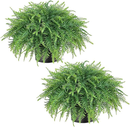 21" Artificial Ferns Plants Topiary - 2 Set for Front Porch Decoration,Fake Boston Fern Potted Plants Faux Greenery Bush UV Resistant for Outdoor Indoor Door Garden Farmhouse Home Decor (Green)