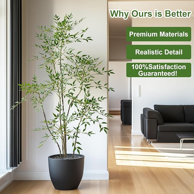 6ft Faux Bamboo Tree Artificial Nandina Tree Artificial Indoor Plants Realistic Fake Potted Tree with 800+ Leaves, Cement Planter - Home Office Decor Perfect for Housewarming Gift Non-Toxic
