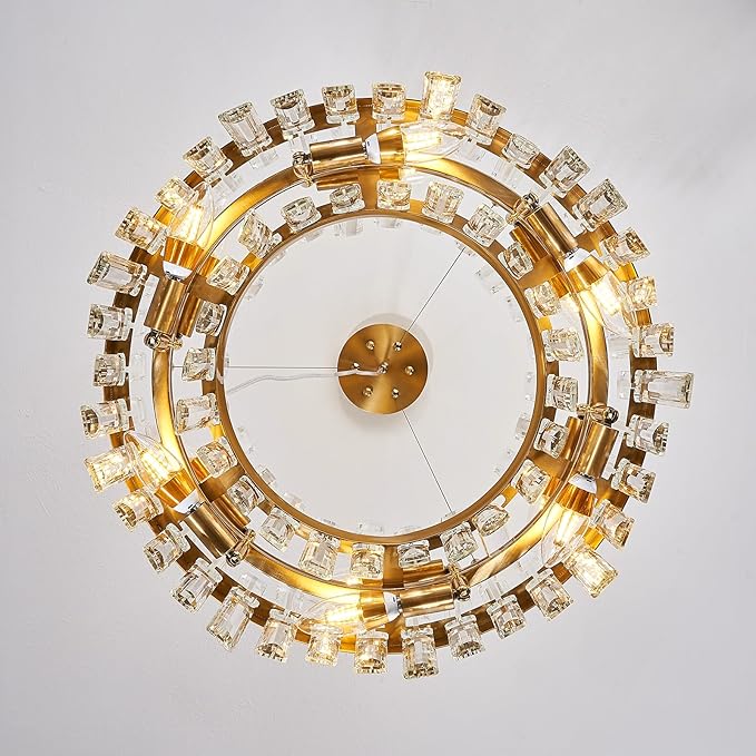 Round Crystal Chandeliers, D19.7 inch 12-Light Brass Gold Chandelier Lighting Fixture, Height Adjustable Pendant Ceiling Light for Living Room Dining Room Bedroom