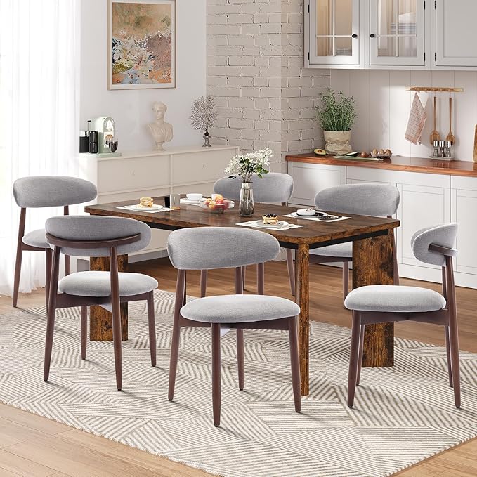 7-Piece Rectangular Dining Table Set for 6, 63" Industrial Kitchen Table with 6 Wooden Upholstered Dinner Chairs for Dining Room, Kitchen, Living Room, Brown+Light Gray