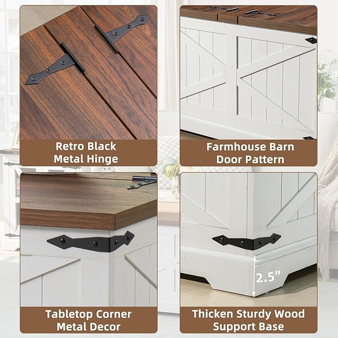 Farmhouse Coffee Table with Large Hidden Storage Compartment, Antique White Square Center Table, Wood Rustic Low Modern Living Room Tables with Hinged Lift Brown Top & Wooden Arc Base