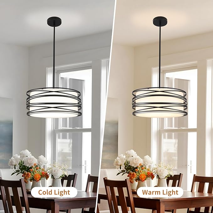 16" Black Drum Pendant Lighting Kitchen Island 3-Light Modern Farmhouse Chandelier with White Fabric Shade Rustic Hanging Light Fixtures for Dining Room Hallway Bedroom Foyer